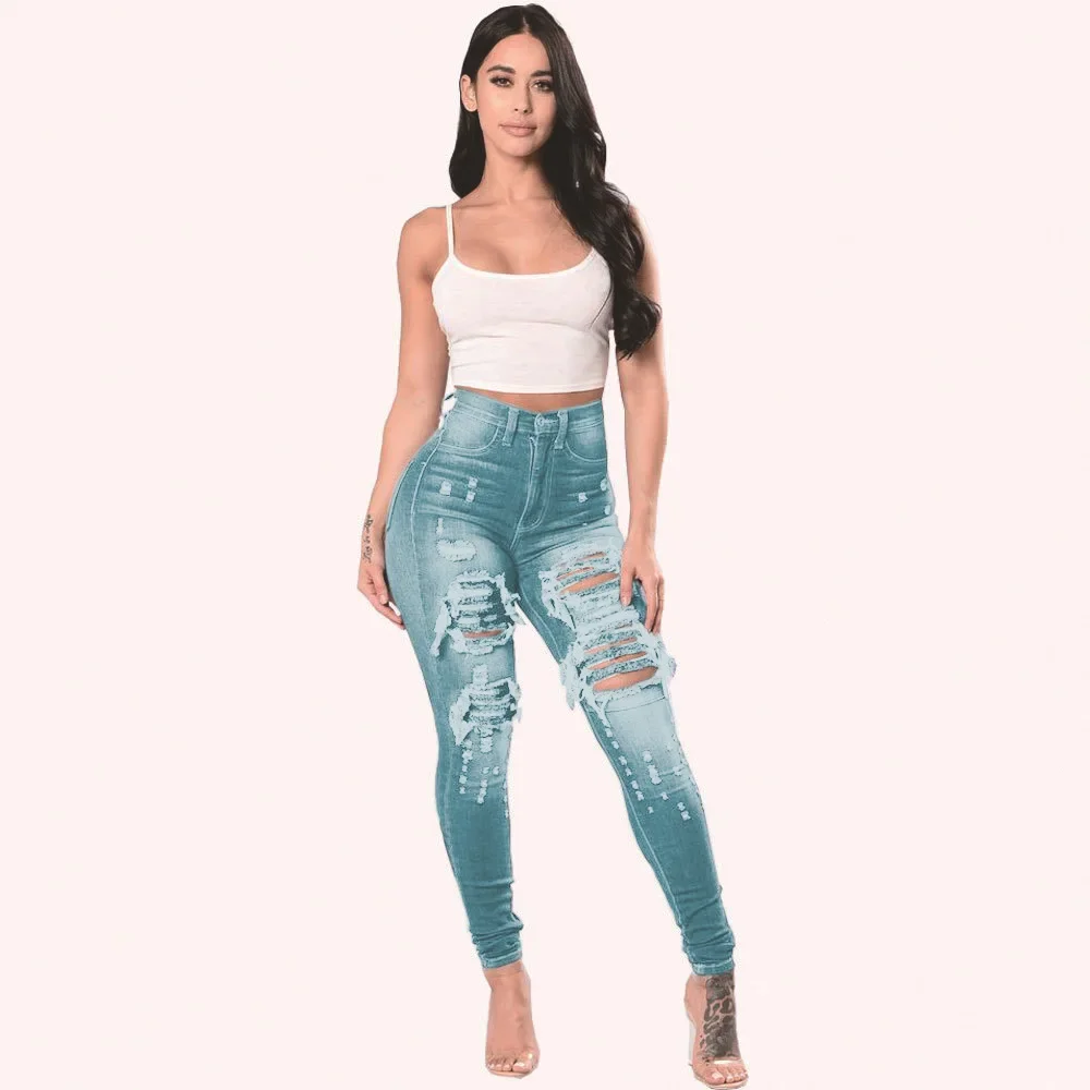 Celana Jeans Wanita Model Pensil Denim Berlubang Sobek Skinny Panjang Se-mata Kaki Stretch Pinggang Tinggi Distressed Washed Streetwear