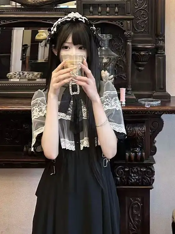 Lolita Lace Dress with Cape Half Sleeve Production Type Featuring Brooch Summer Polyester High Waist A-Line Skirt Home Wedding