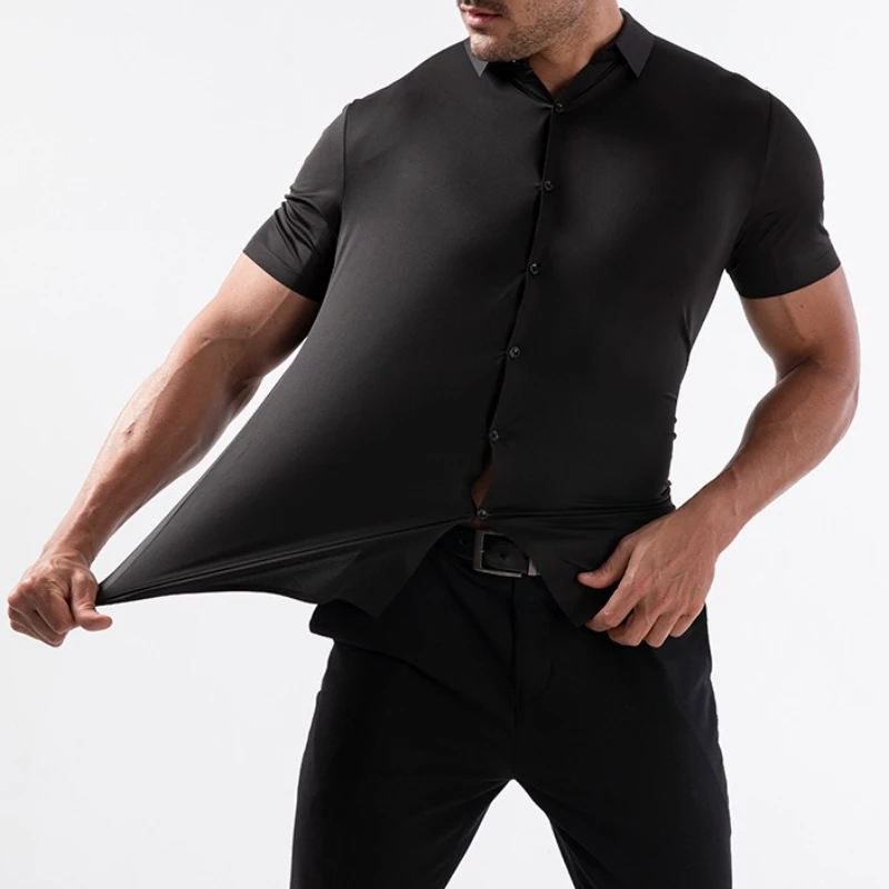 Euro US Size XS-5XL Summer Business Shirts For Men Short Sleeve Anti-Wrinkle High Elasticity Social Black Office Dress Shirts