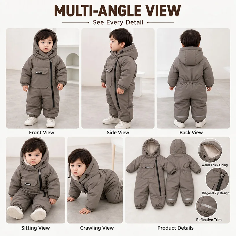Kids Ski Snowsuit Fleece Lined Thick Winter Jumpsuit Hooded Baby Romper Warm Outdoor One Piece Snow Suit for Boys Girls 90-120cm
