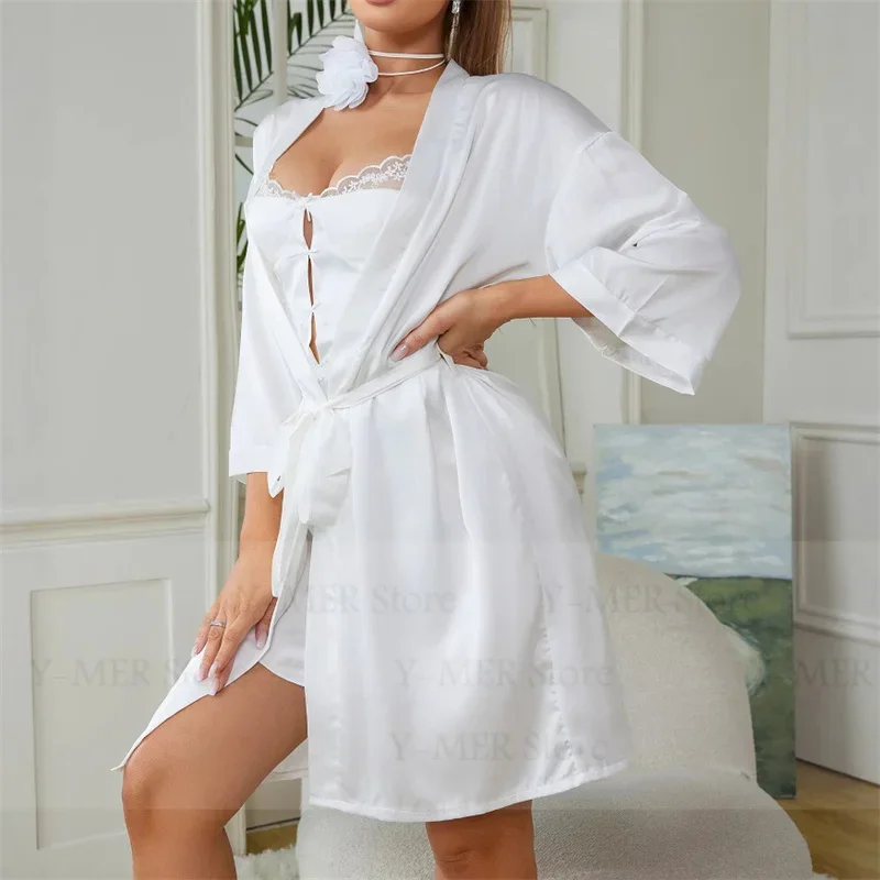 

Sexy Lace Patchwork Sleepwear Home Dressing Gown Bride Wedding Dress Lady Satin Robe Set Short Kimono Lingerie Summer Loungewear
