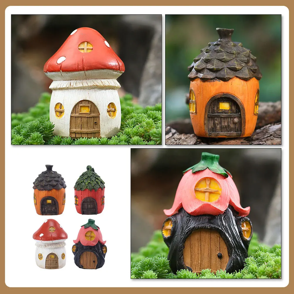 

4Pcs Garden Decorative Items Resin Miniature House Exquisitely Carved Waterproof for Modern Home Office Bonsai Aquarium Micro