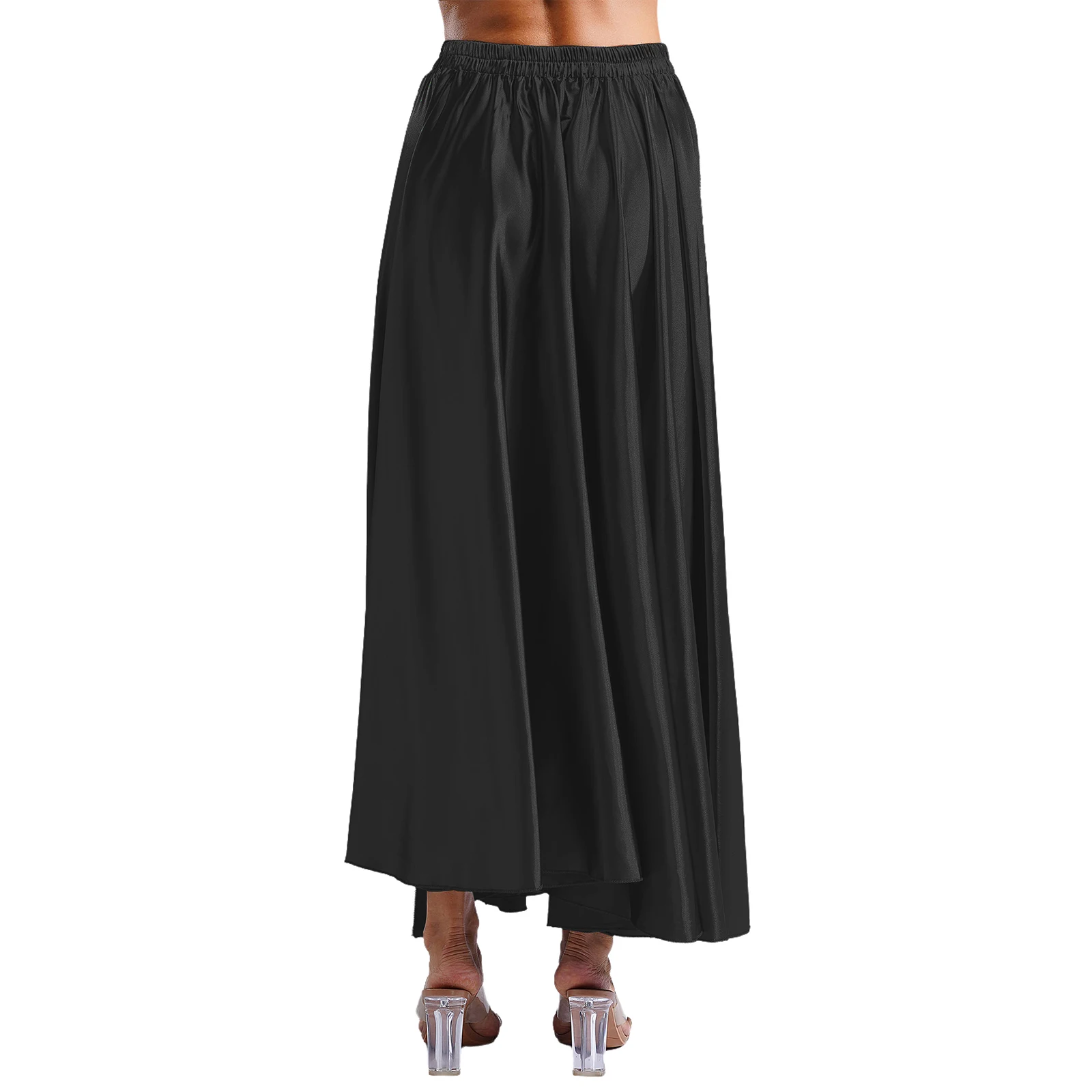 Women Modern Lyrical Dance Skirt Side Slit Solid Satin Swing Maxi Skirts for Spanish Paso Doble Bomba Flamenco Ballroom Dancing