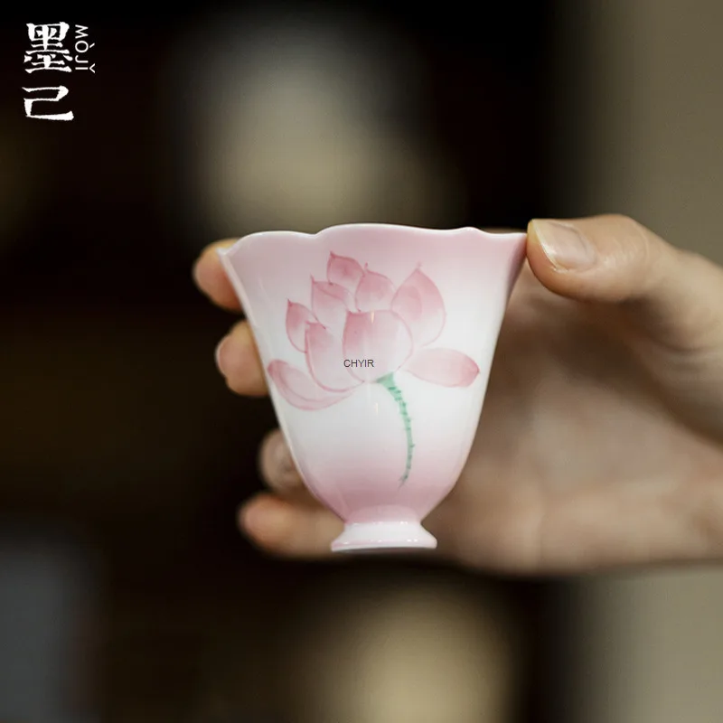 

Pink Hand-painted Lotus Ceramic Flower Mouth High-footed Tea Cup Kung Fu Tea Set Household Painted Lotus Tasting Cup