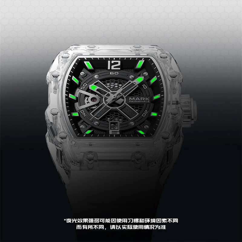 Tonneau Luxury Top Wrist Mechanical Watches Transparent Black Silicone Strap Fashion Clock