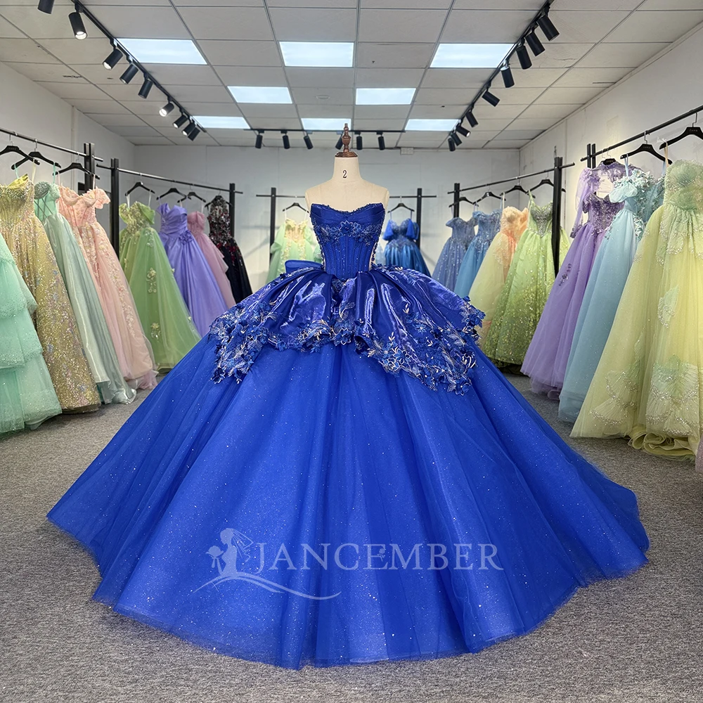 

Роскошные синие милые платья по индивидуальному заказу 16, 15, платье Quinceanera, без бретелек, юбка с кристаллами, женское платье для выпускного вечера, 2025