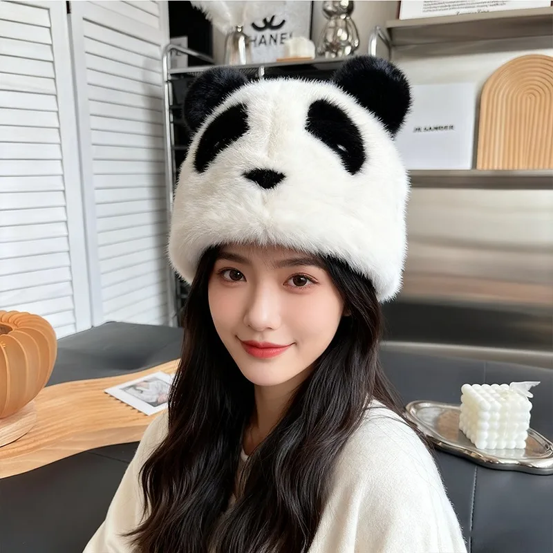 Cute Panda Ear Flap Hat Women Winter Faux Mink Fleece Warm Windproof New Plush Ear Warmer Cap
