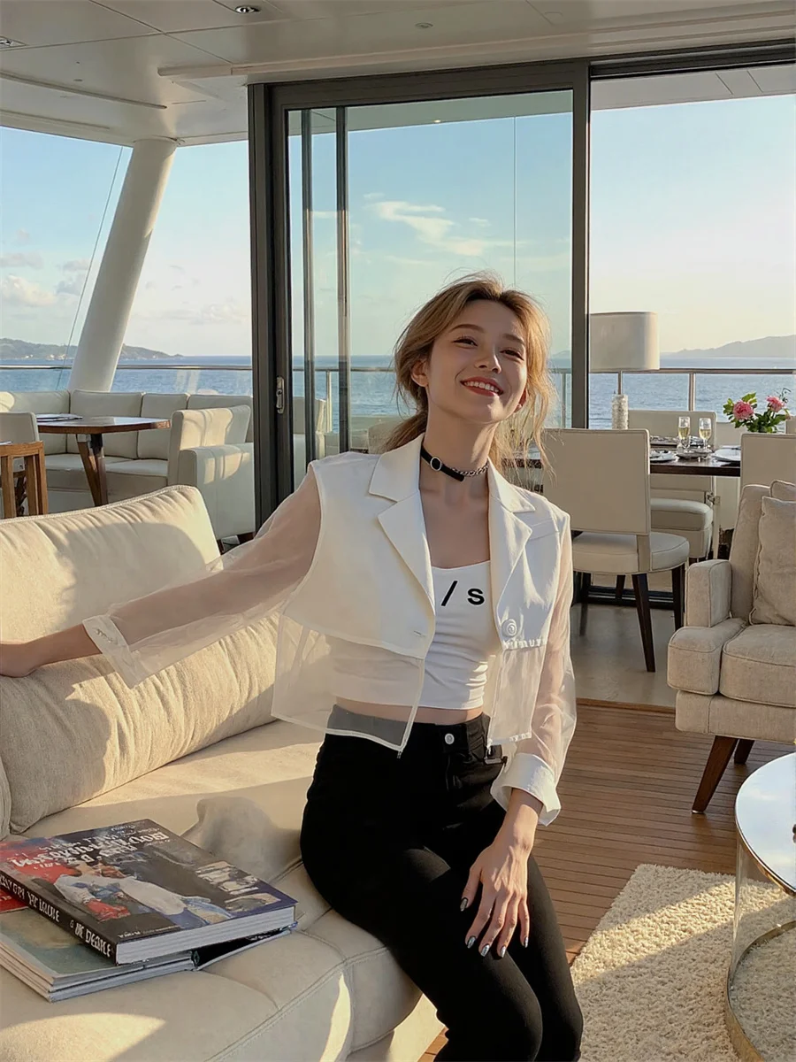 

Sun-proof Cropped See-through Back-Slit Blazers Elegant Woman Clothes For Women Vacation Boyfriend-Style Trimmed Bohemian Tender