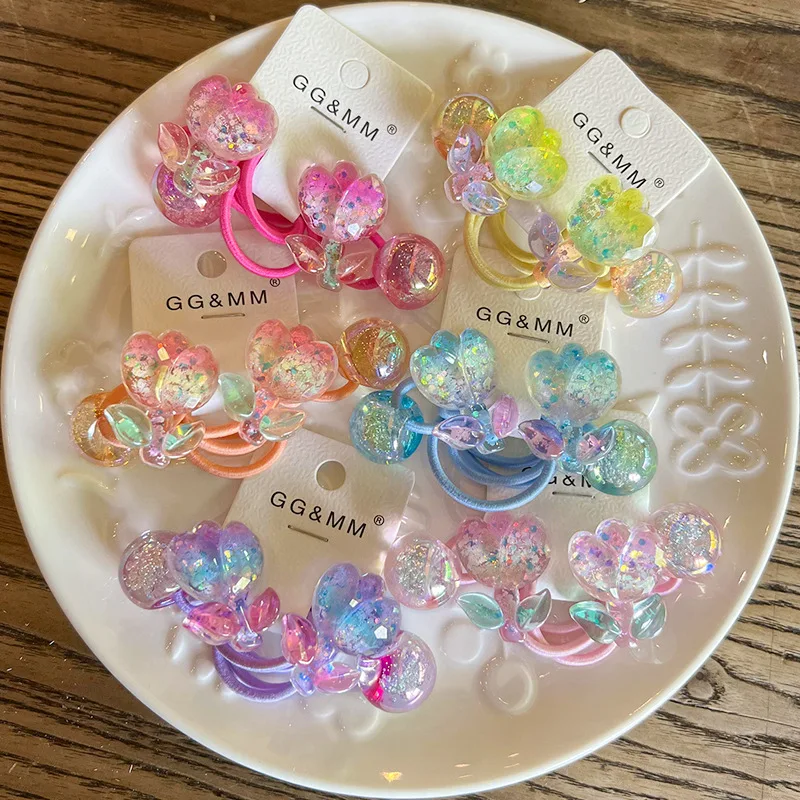 2pcs/lot Colorful Flower Burst Glittering Powder Round Ball Long Elastic Hair Band For Girl Children Cute Kawaii Rubber Ties