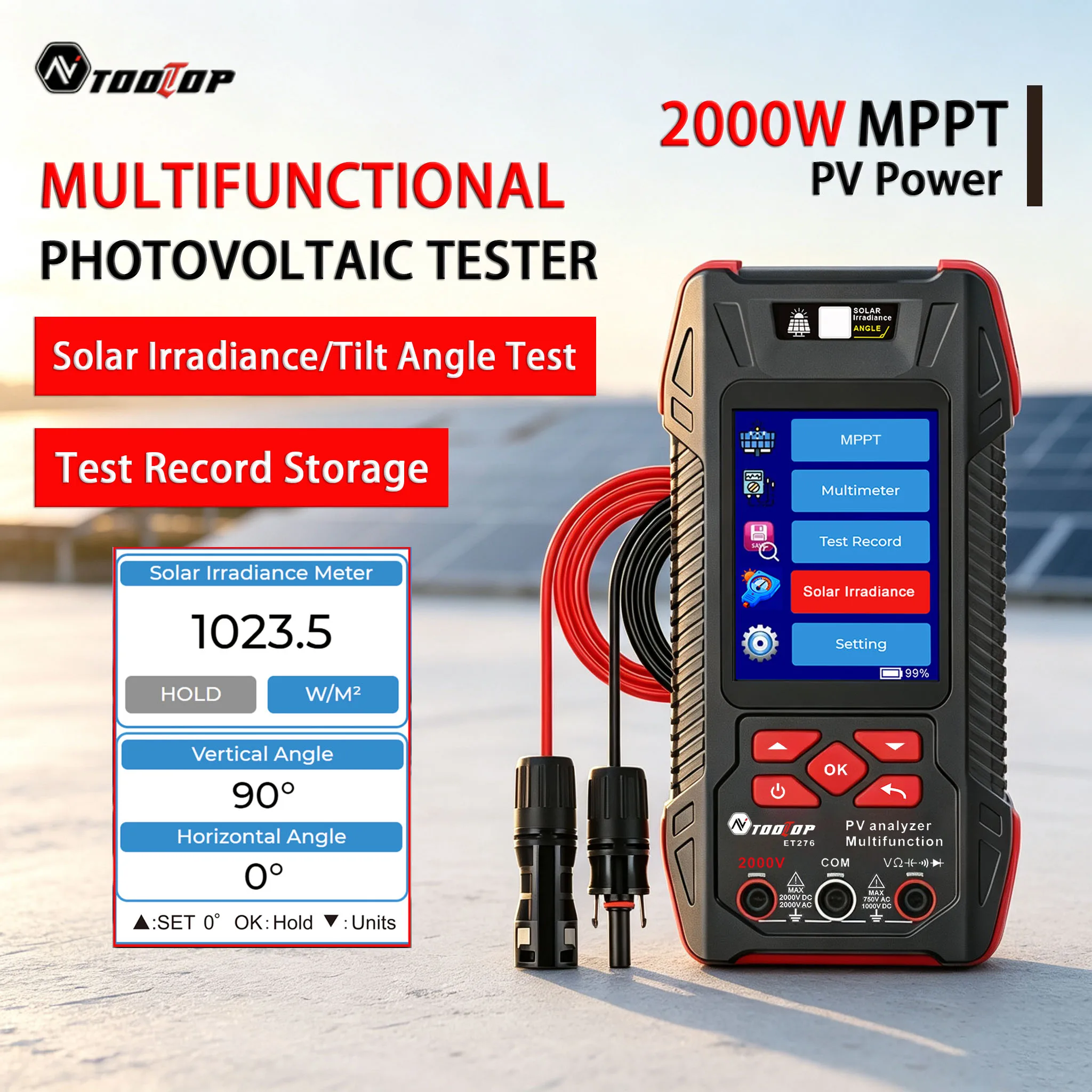TOOLTOP ET276 2000W MPPT Solar Power Meter Irradiance & Angle Test 60,000-Count Digital Multimeter Photovoltaic Module Test