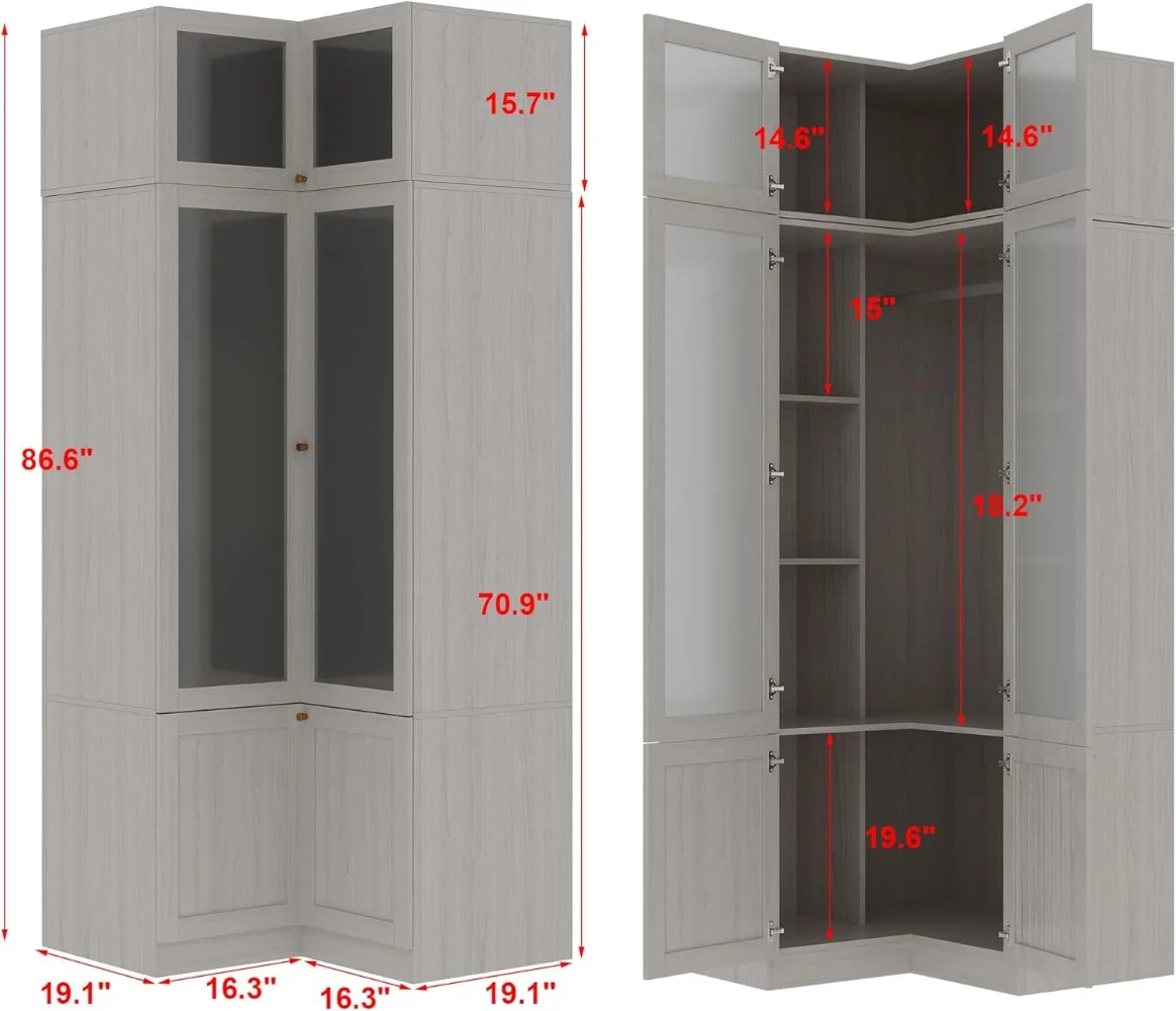 L-Shape Armoire Wardrobe Closet with Frosted Glass Doors, Hanging Bar & Shelves, Warm Grey (35.4”L x 35.4”W x 86.6”H)