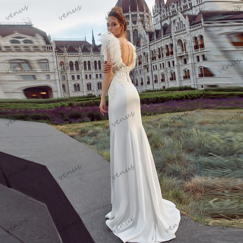 Exquisite Wedding Dresses Gorgeous Bridal Gowns Satin Sheath Mermaid Feather Decorate Robes For Formal Party Vestidos De Novia