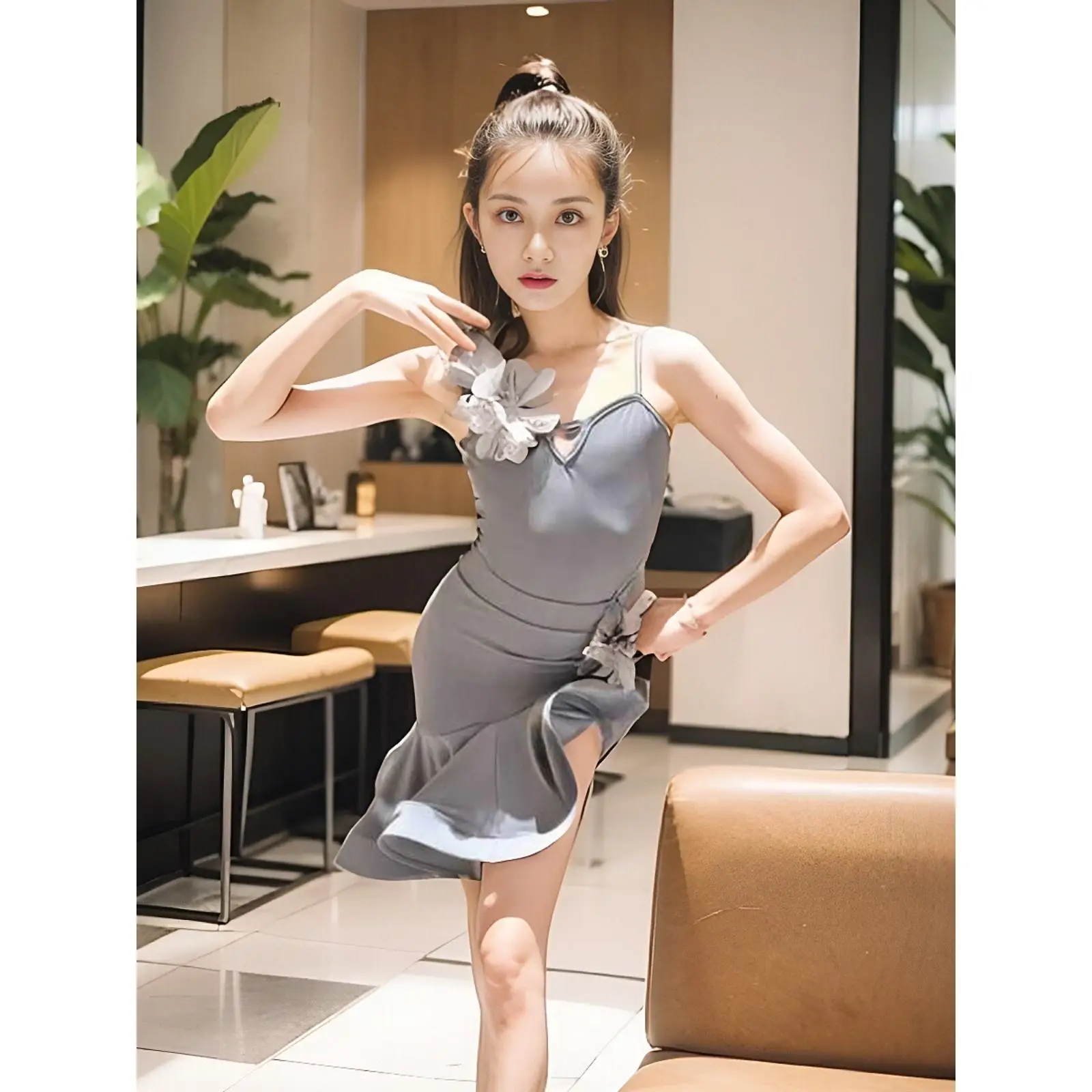 

Girl Latin Dance Skirt Practice Dress Performance 2025 Summer New Style Split Grey Strap PerformanceHigh end Feelingdance skirt