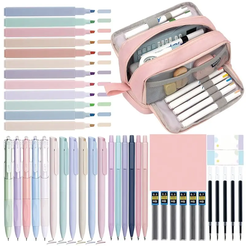 [NEW!】 Pencil Case With Supplies, 44PCS Stationery Set Featuring Aesthetic Design-Pastel Highlighters, Black Gel Pens, Pencils&