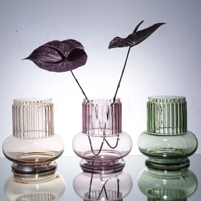 

European Glass Vase Striped Relief Decorative Home Living Room Desktop Flower Vases Hotel Front Desk Dried Flowers Organizer