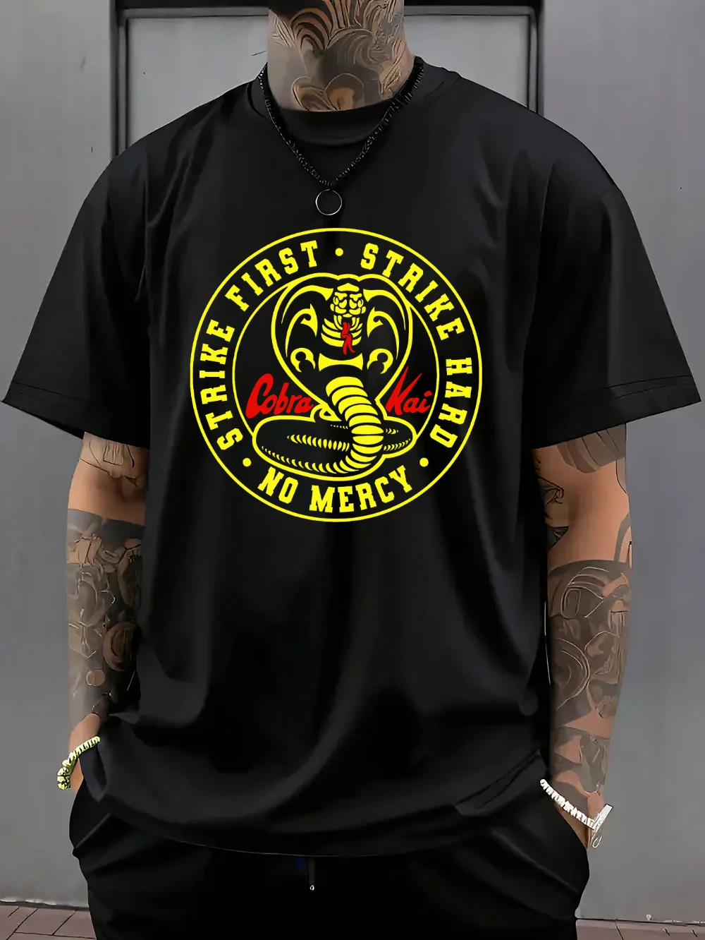 Men'S Strike First No Mercy Graphic T-Shirt Casual Summer Short Sleeve Tee Cobra Kai Design Black Breathable Regular Fit