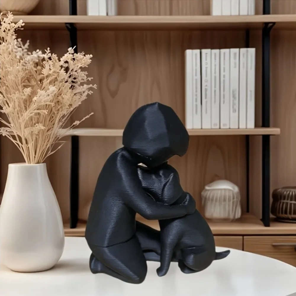 3D Printed Human Hug Dog Friendship Sculpture Friendship Symbol Modern Abstract Human Dog Loyalty Figurine Unique Plastic