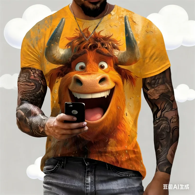 

Funny Cartoon Cow Pattern T-Shirt For Men Cute Animal 3D Printed Tees Summer Casual Short Sleeve Crew Neck Loose Streetwear Tops