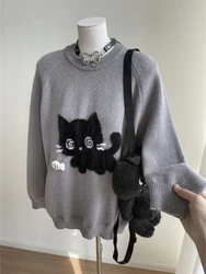 Harajuku Cute Black Cat O-neck Knitted Pullover 2024 Spring Autum New Tops Women Y2k Long Sleeve Loose Sweaters Mujer