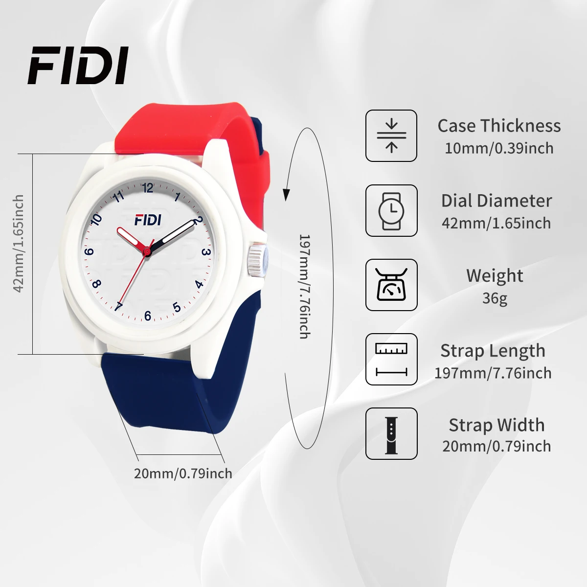 FIDI Montre à quartz unisexe – Options multicolores, bracelet en silicone, cadran lumineux, étanche, idéale pour les étudiants FDW1001