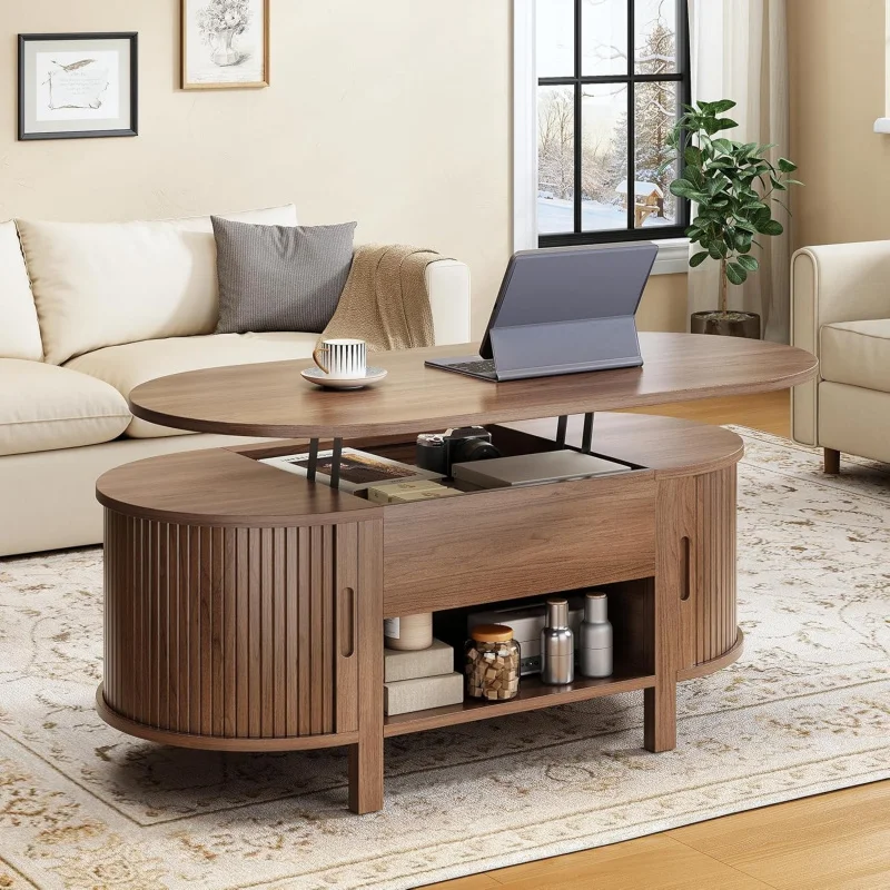 

Mid-modern lift-top dining table with sliding door. Fluted wood, oval shape with hidden compartment. Walnut colour.