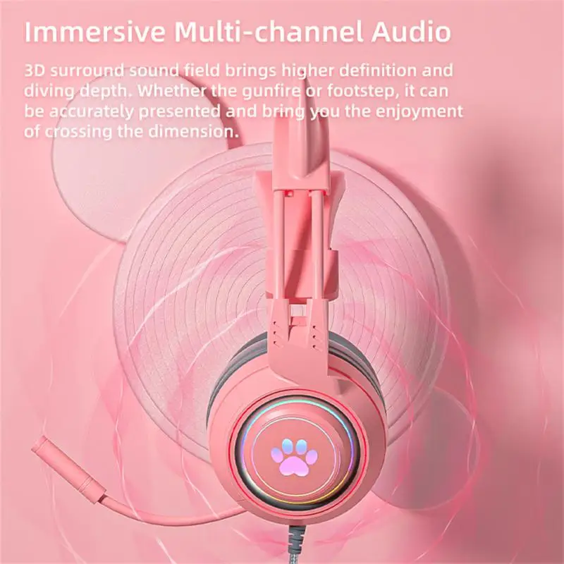 QearFun HiFi Stereo PC Headset Gamer Cat Headphones with Microphone RGB Light for Laptop Phone Wired Earphone