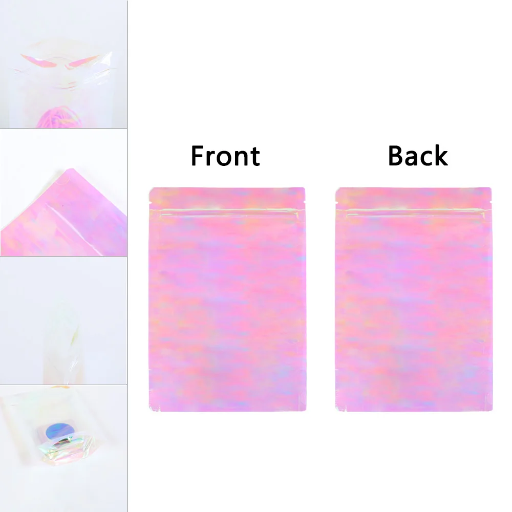 100Pcs Big Size Transulent Pink Standup Doypack Smell Proof Heat Sealable Reclosable Transparent Plastic Holographic Zipper Bagc