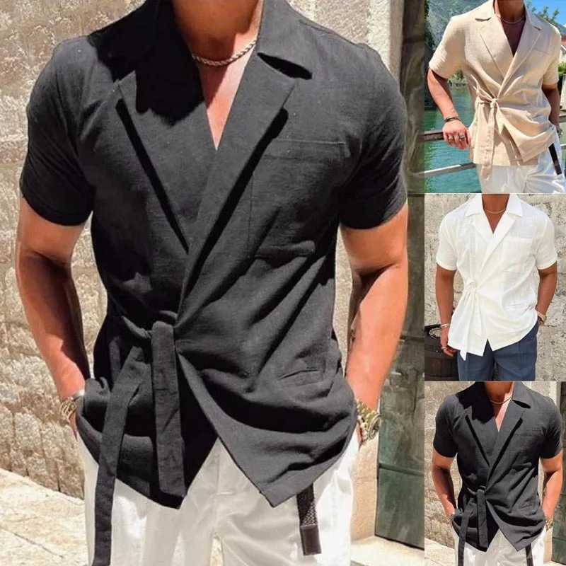 

2024 Summer Men's Solid Linen Suit Flip Collar Lace Up Short Sleeve Shirt Coat