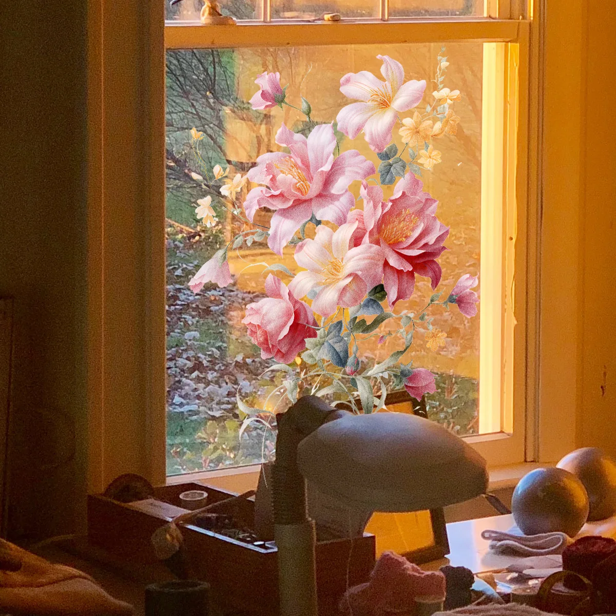 Chinese Style Hand-painted Peony Pattern Static Window Stickers Double-sided Visible Design for Home Living Room, Study