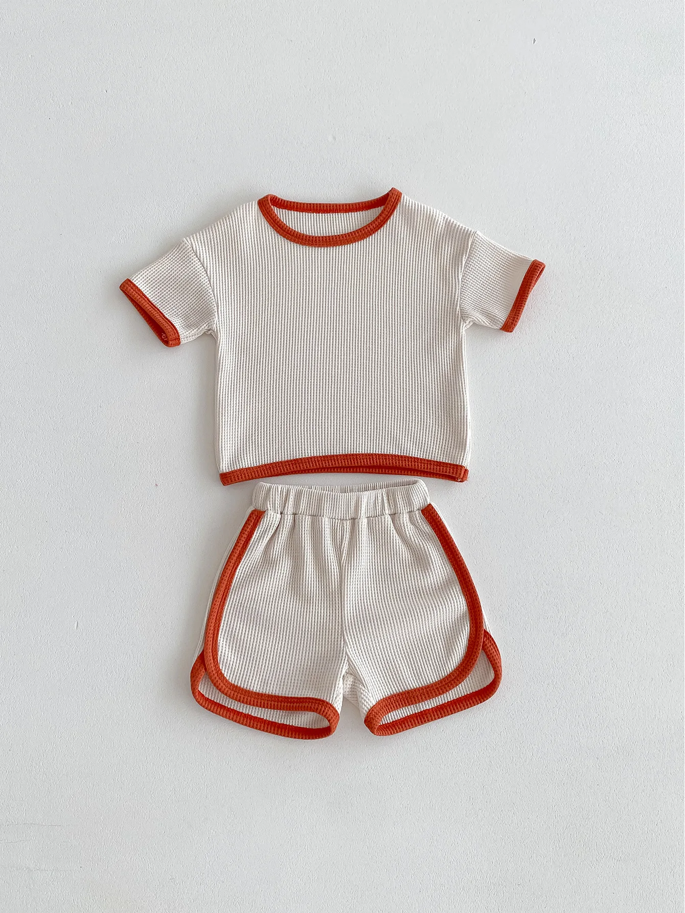 Summer Kids Waffle Tracksuit Boy Girl Children Thin Cotton Short Sleeve Tops + Shorts 2pcs Baby Casual Comfortable T-shirt Suit