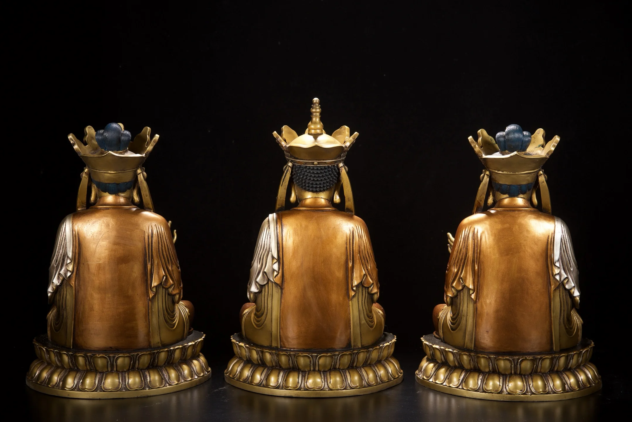 Old Bronze Painted Gilded silver Huayan San Sheng Sitting Buddha Shakyamuni Three Buddhas Amitabha Buddha Worship Hall