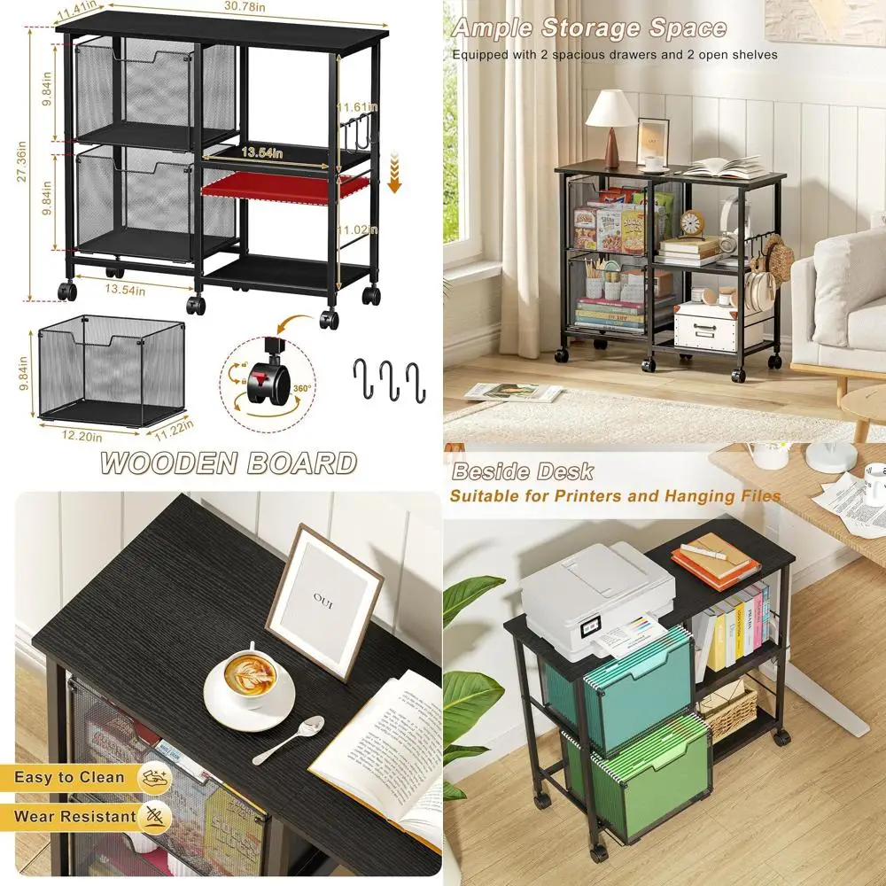 

Черный мобильный шкаф для хранения домашнего офиса с боковой картотекой и тележкой для принтера