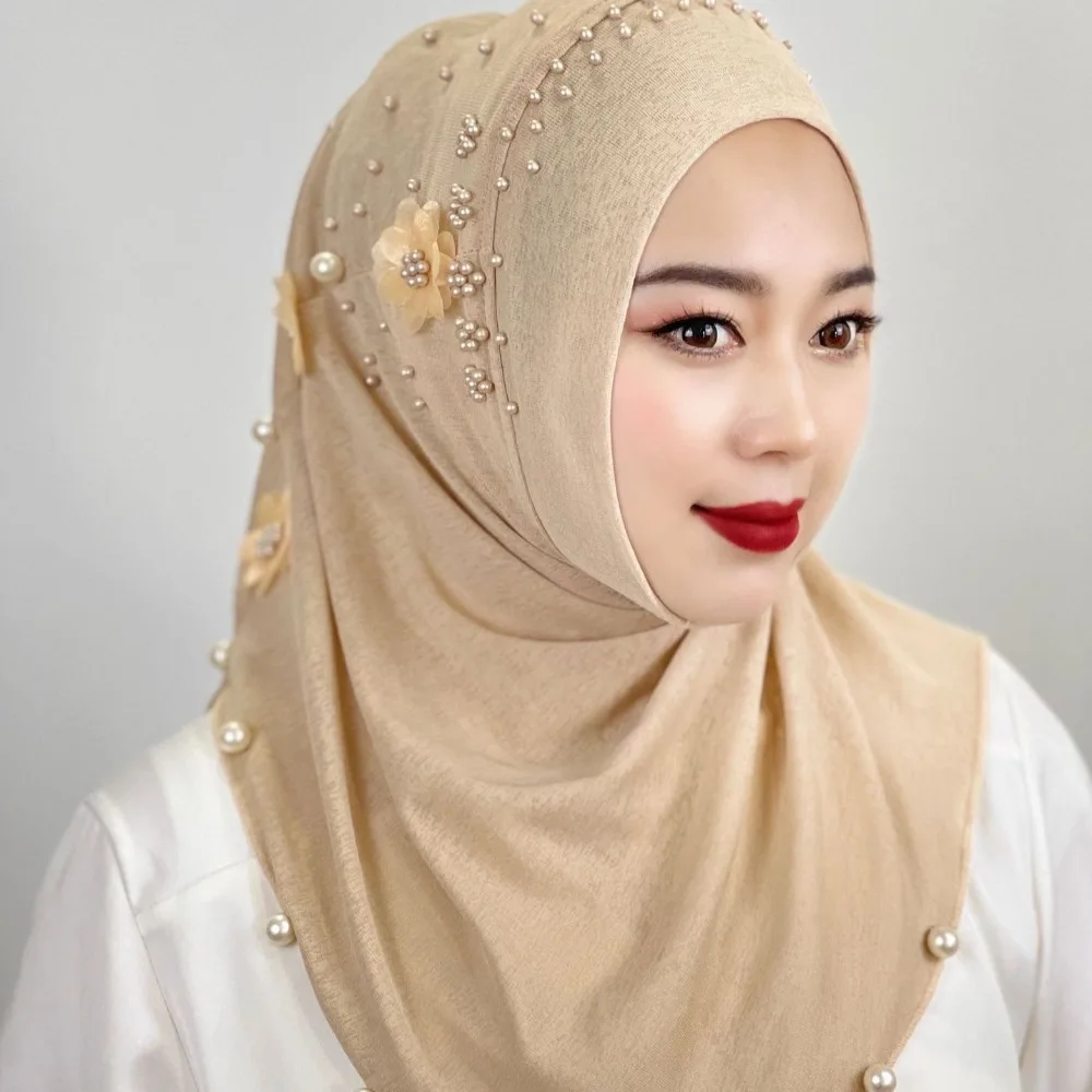

Fashion Top Knot Ramadan Hijab Solid Color One Piece Islamic Headscarf Breathable Pull On Head Wrap Cap