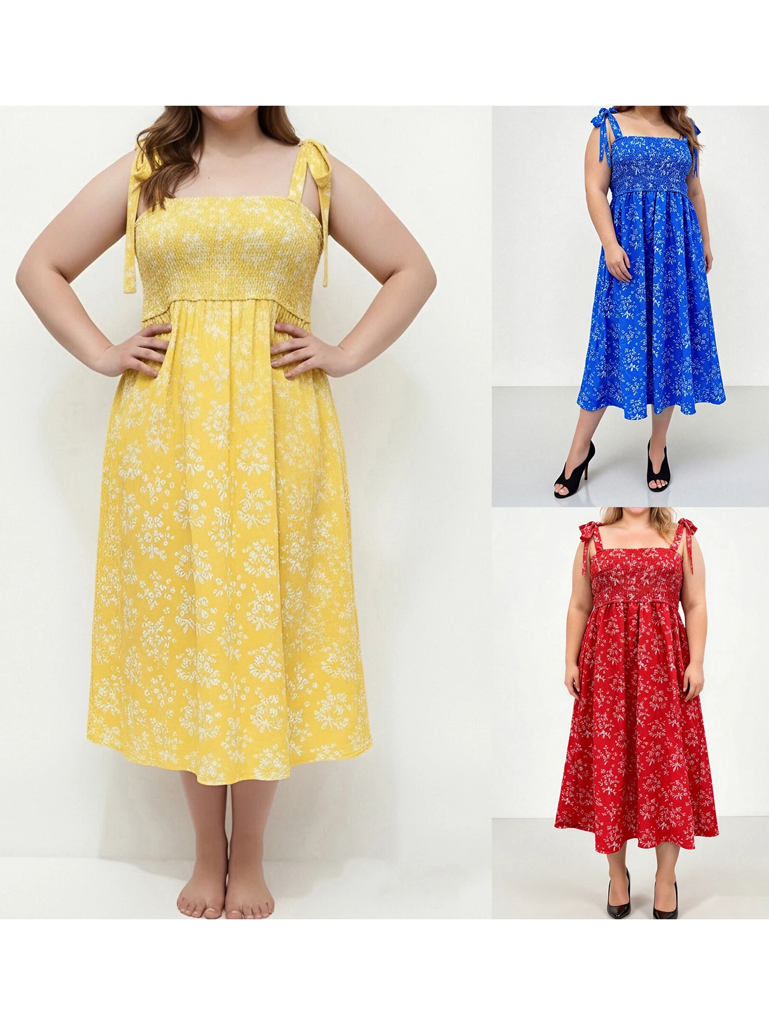 فستان نسائي مقاس كبير مزين بالورود صيفي عصري بدون أكمام وحاشية مكشكشة فستان طويل