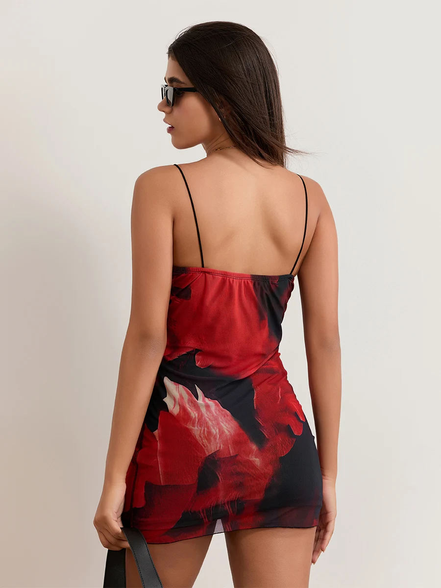 Women Summer Spaghetti Straps Bodycon Mini Dress Abstract Print Sleeveless Short Dress Sexy Slim Cami Dresses