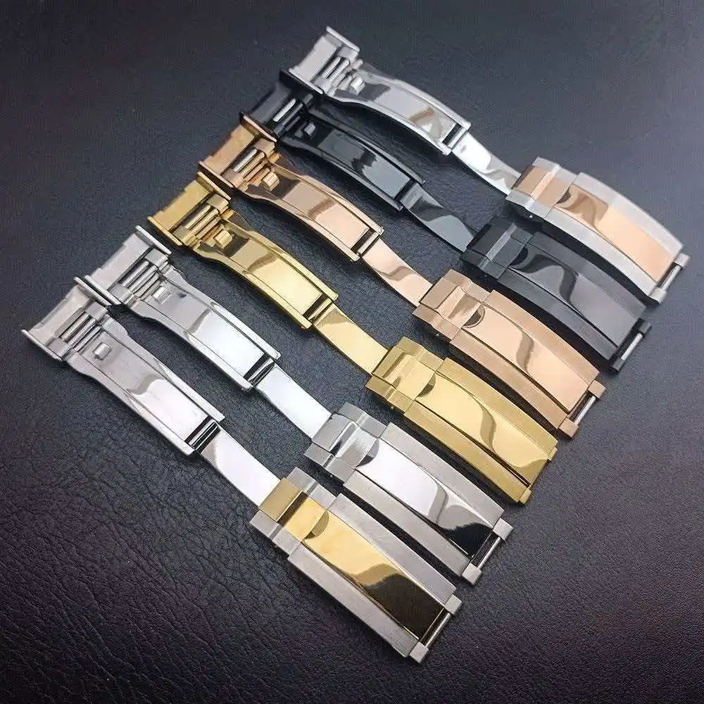 مشبك ساعة عالي الجودة 16 مم من الفولاذ المقاوم للصدأ المصقول بزر سحب مزدوج 9 مم ملحقات حزام ساعة قابل للتعديل