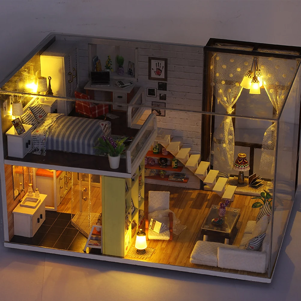 

mini house Miniature DIY House Kit Educational Handmade Assembly Model Creative Room With Furniture (Standard)