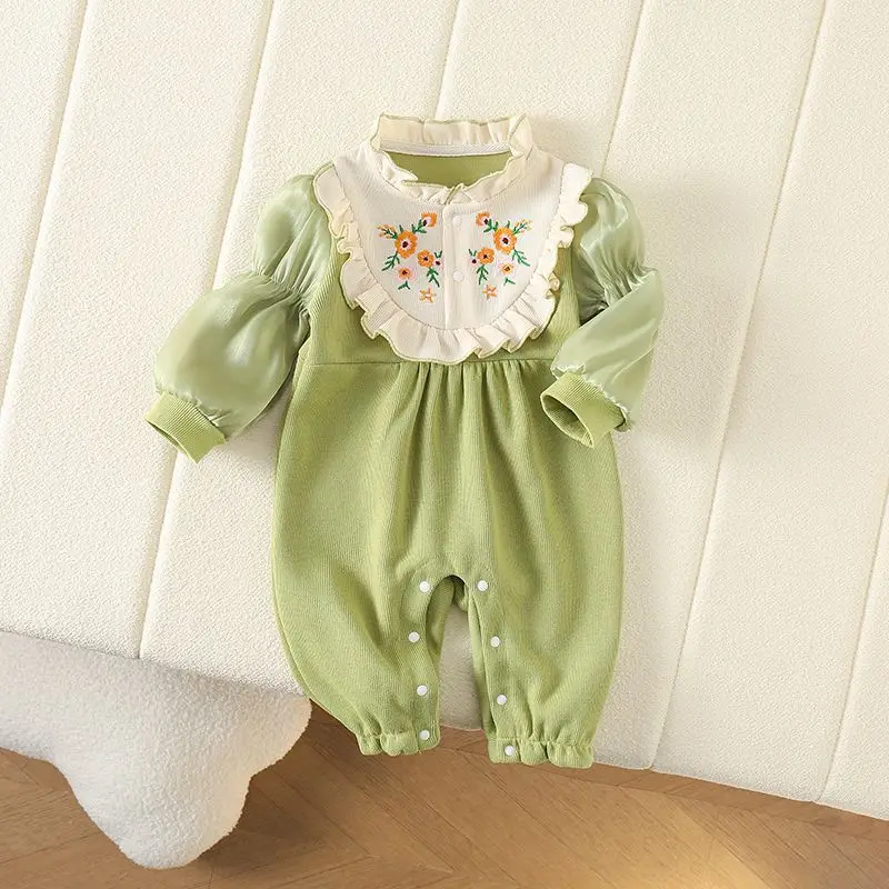 Autumn Winter Infant Newborn Girls Rompers Floral Embroidered Princess Jumpsuit Mesh Patchwork Lace Sleeve Korean Baby Outfit