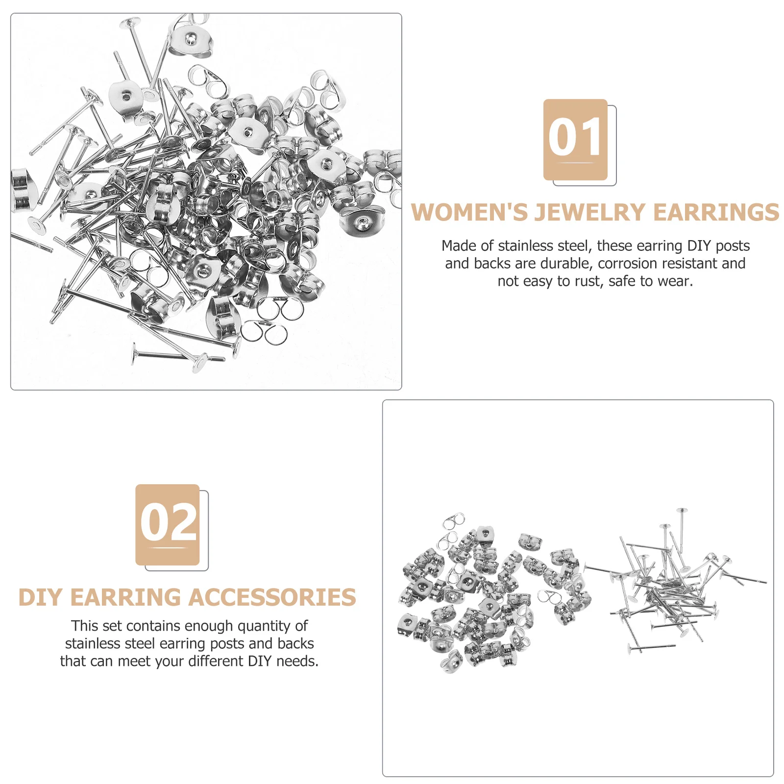 

50Pcs Ear Pin Posts Stainless Steel Earring Backs DIY Jewelry Findings Kit Flat Pad Stud Earrings Accessories for Handmade Ear