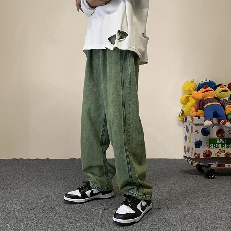 Vintage Green Purple Straight Baggy Jeans Men New Fashion Streetwear Oversize Wide Leg Bright Line Jeans Y2k Denim Trousers