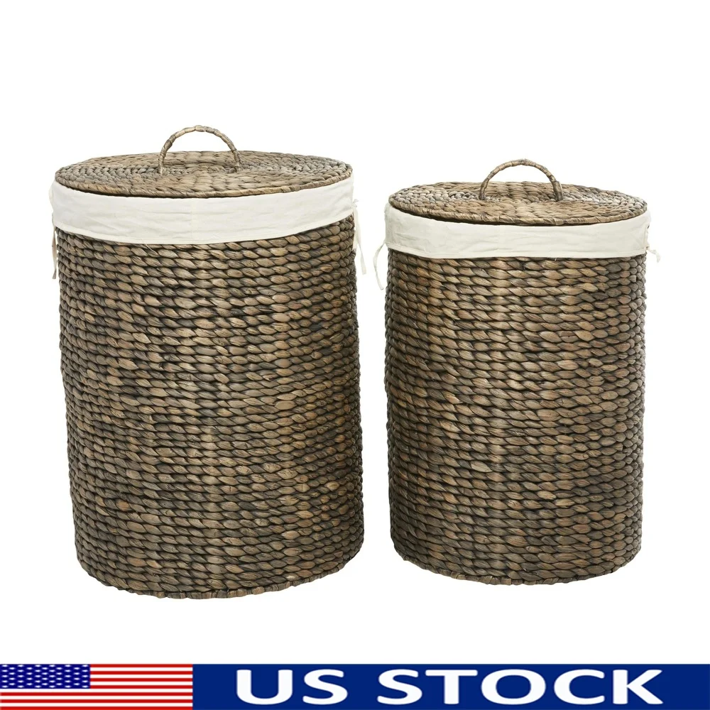 

Handmade Seagrass Storage Baskets Set of 2 with Liner Matching Tops Round Design Indoor Organization Tall Decorative Hamper