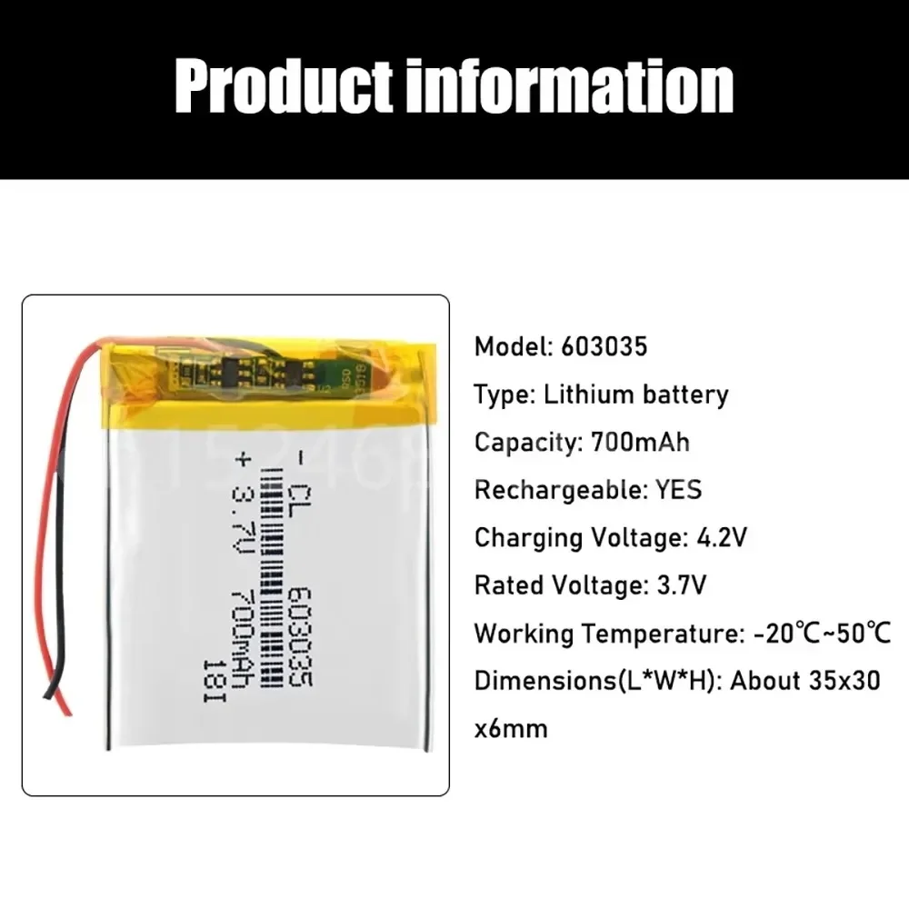 3.7V 700mAh 603035 Lipo Battery Li-ion Lipo Cells Lithium Li-Po Polymer Battery for Speaker Headphone GPS MP3 MP4 Toy