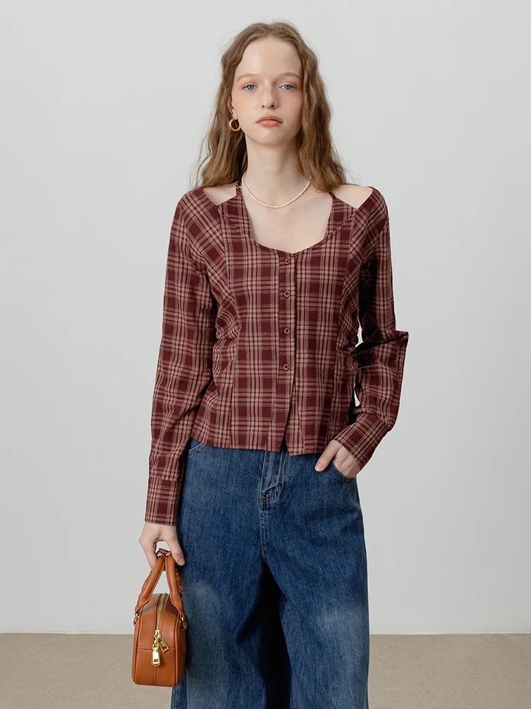 

EGGKA Ретро-рубашка с V-образным вырезом и клетчатым узором, женская, приталенная, стильная, модная, универсальная, хлопковая, осенняя новинка