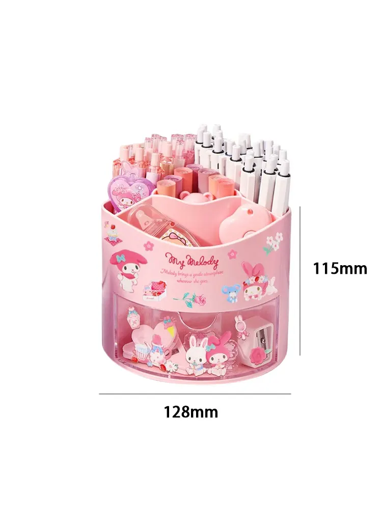 Cute Sanrio Rotating Pen Holder Storage Box Anime Kuromi Cinnamoroll Kawaii Desk Organizer Stickers Stationery Cosmetic Storage