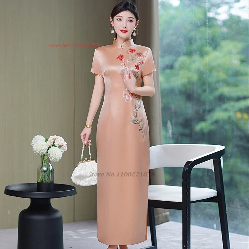 Robe de mariée en satin Cheongsam, robe de soirée élégante, qipao améliorée orientale, fleur traditionnelle nationale, aviation, 2024