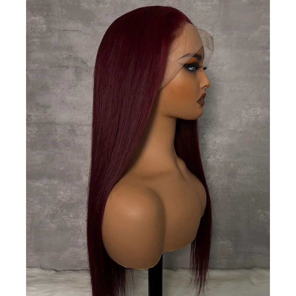 Wine Red 99j Long 26 Inch Straight Lace Front Wig 180Density Glueless Synthetic PrePlucked Daily Use