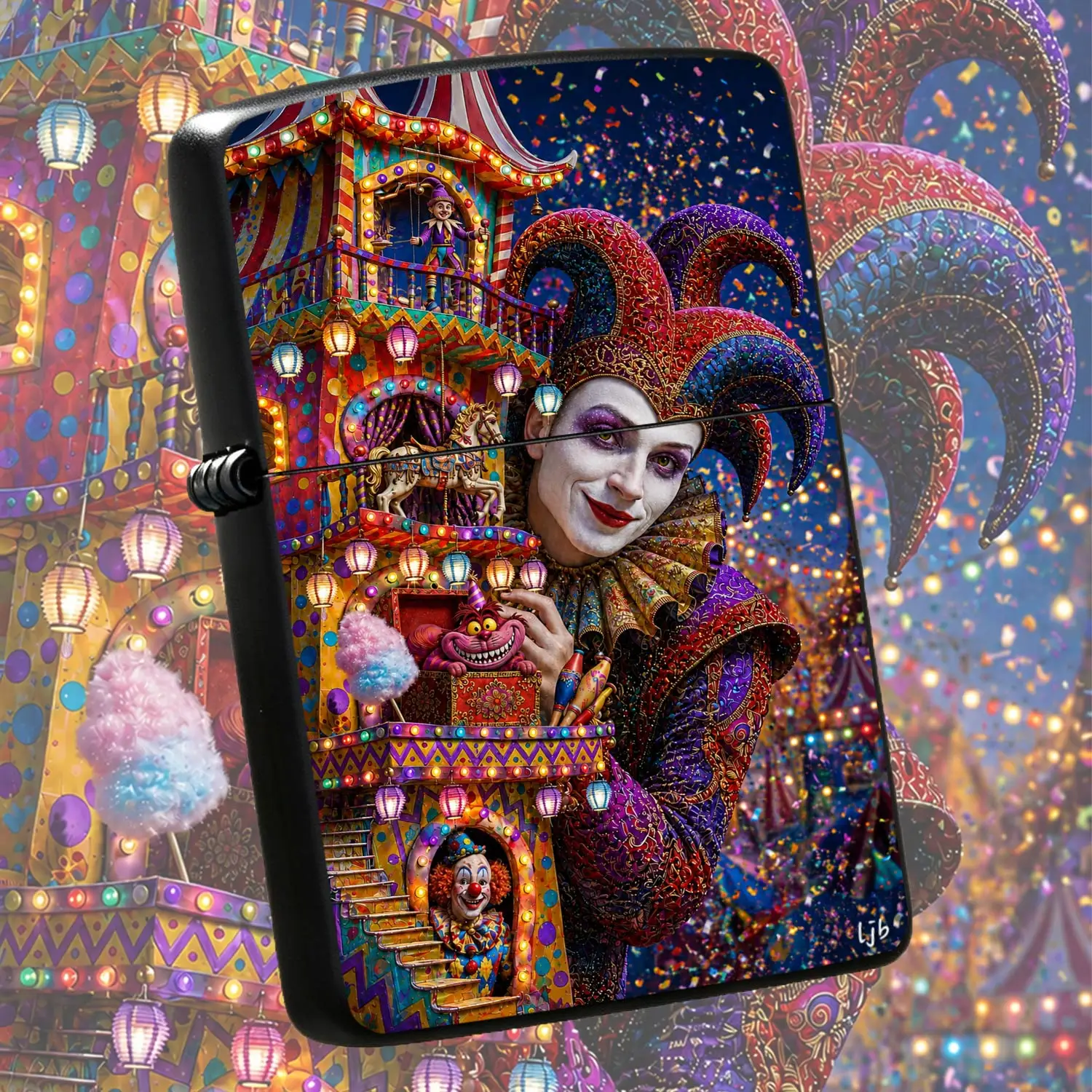 Fantasy Carnival Jester Themed Lighter, Vibrant Neon Confetti Artistic Portable Igniter, Full Scenario Applicable For Daily Use, Party Gathering, Holiday Gifting, Exquisite Creative Decorative Accessory With Stunning Wh A Humorous And Inter