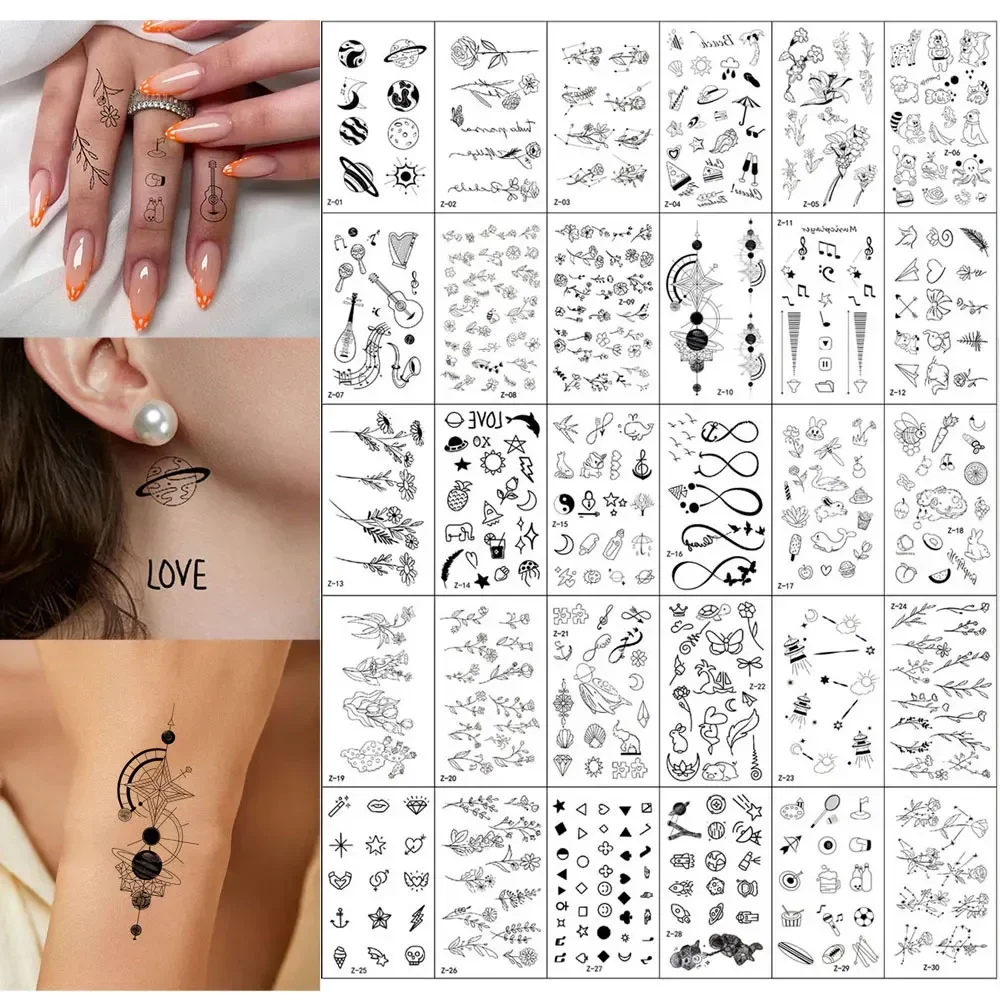 

30 листов черный цветочный дизайн временные татуировки наклейки для мужчин женщин водостойкие маленькие лунные звезды звездное небо поддельные татуировки рука