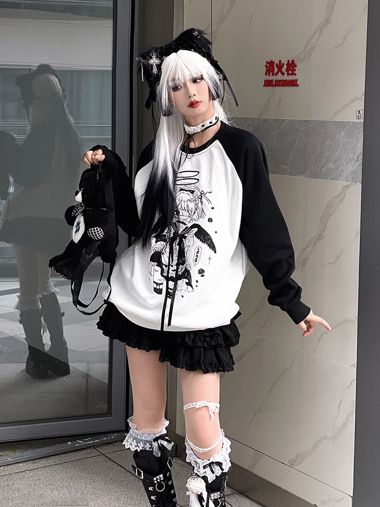 Japanese Subculture Animation Girl Print Shirt Tops Long Sleeve Round Neck Lace-up Bow Loose Casual Versatile Sweatshirts Women