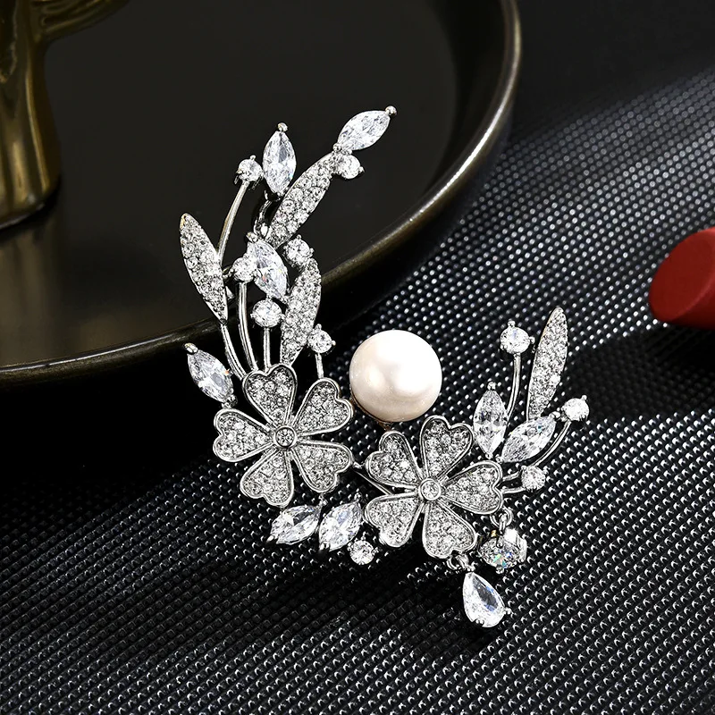 Chinese Style Lucky Cherry Blossom Brooch Natural Pearl Elegant Sparkling Cz Pin For Women Coat Collar Auspicious Jewelry Gift